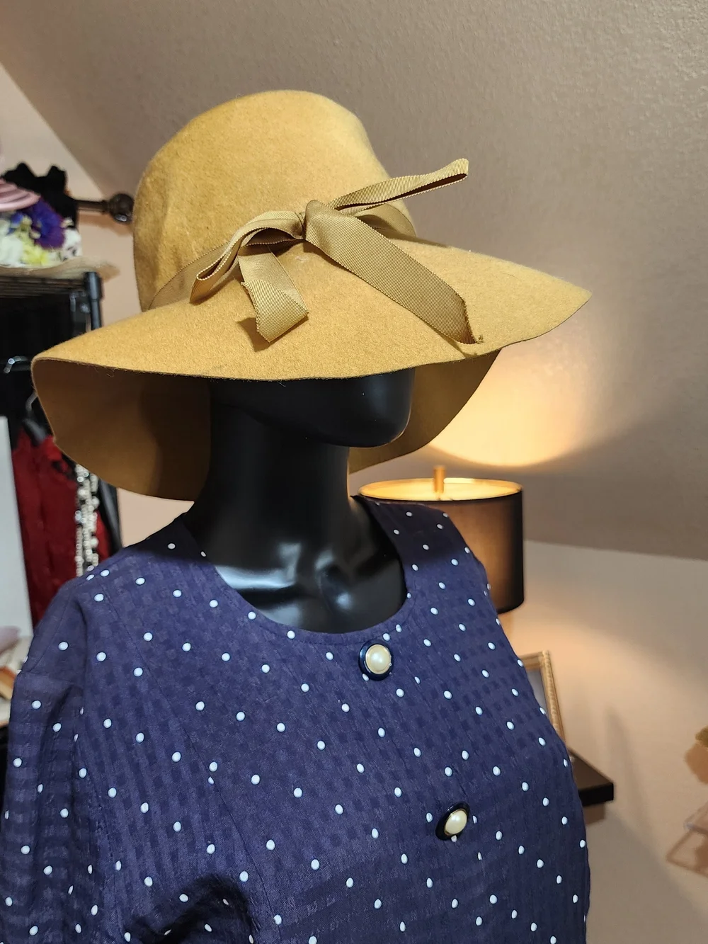 Vintage Wool Wide-Brim Hat with Ribbon Bow - Yellow - Picture 3 of 13